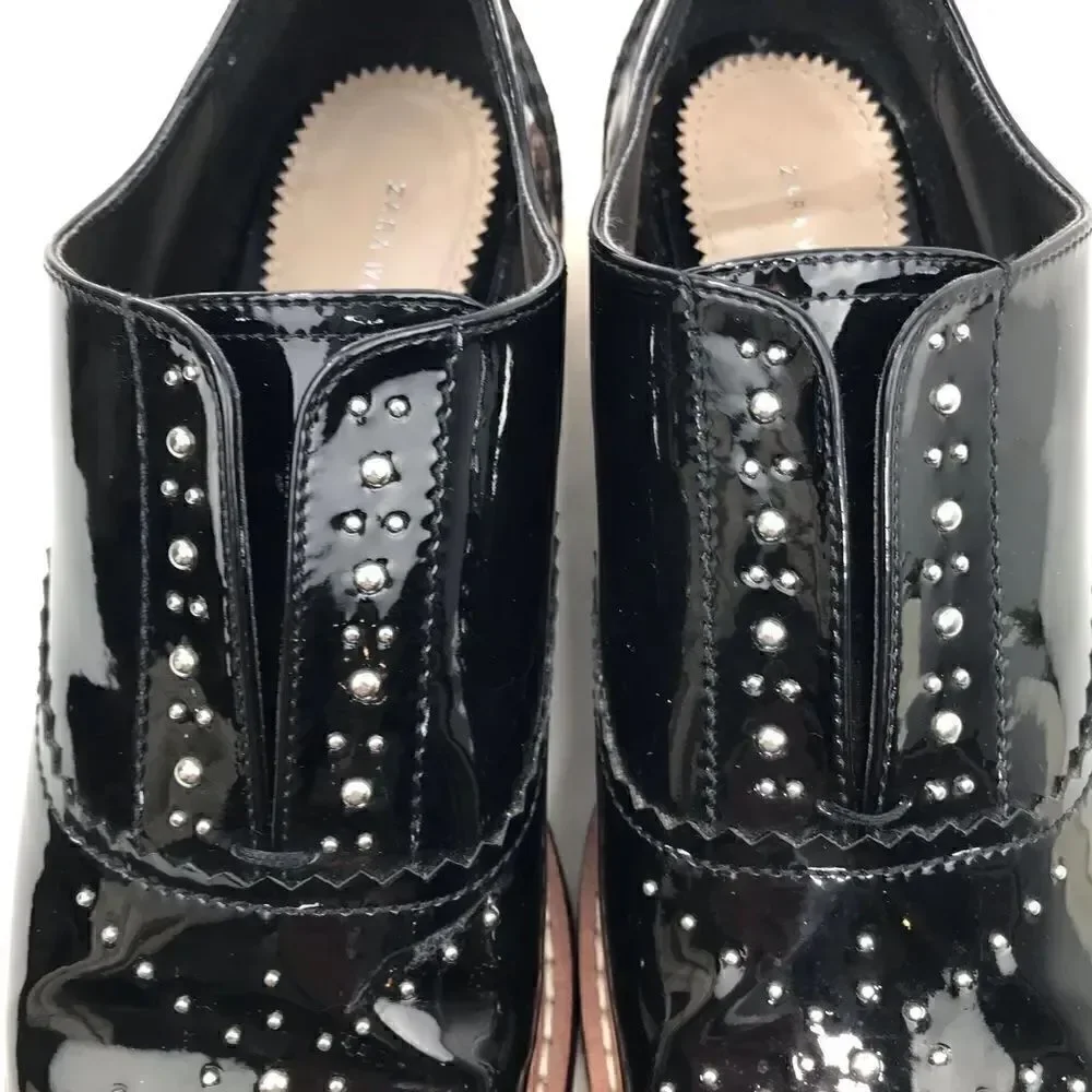 Zara Woman Black Patent Leather Silver Studded Platform Oxford Sneakers